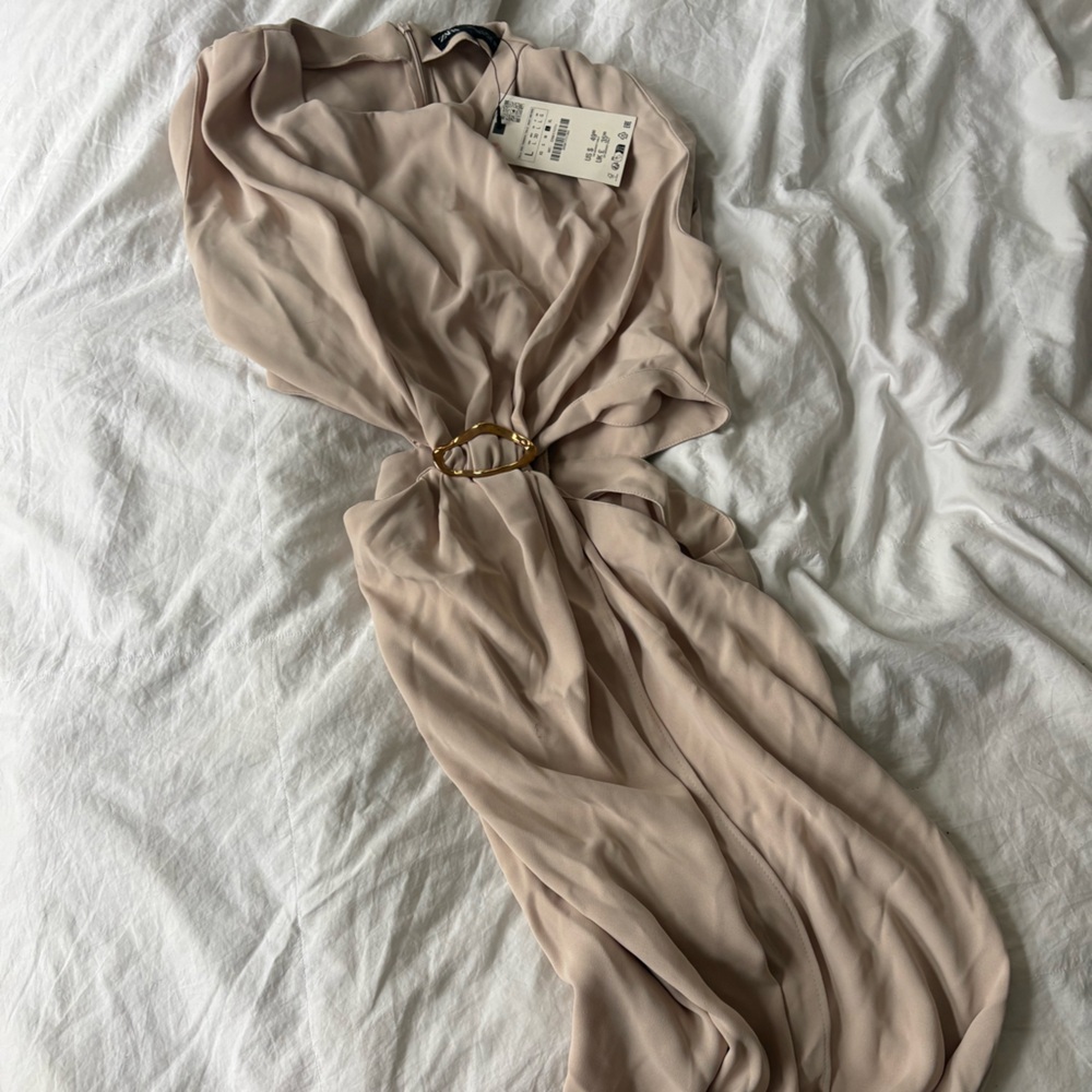 Beige Draped Dress with Gold Accent